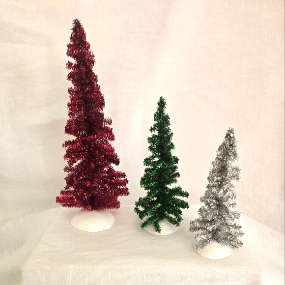 Department 56 Village Accessories  Classic Tinsel Trees in Red Green Silver - Picture 1 of 3